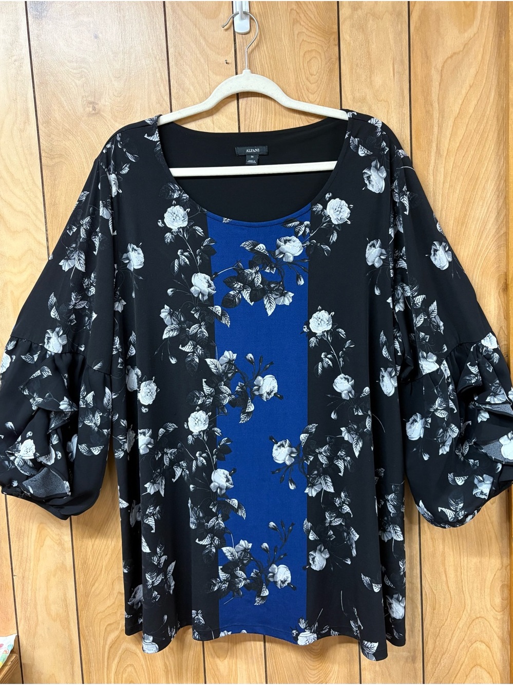 Alfani Black & Blue Floral Ruffle-Sleeve 3X Tunic Blouse Whimsygoth Fairy Dressy